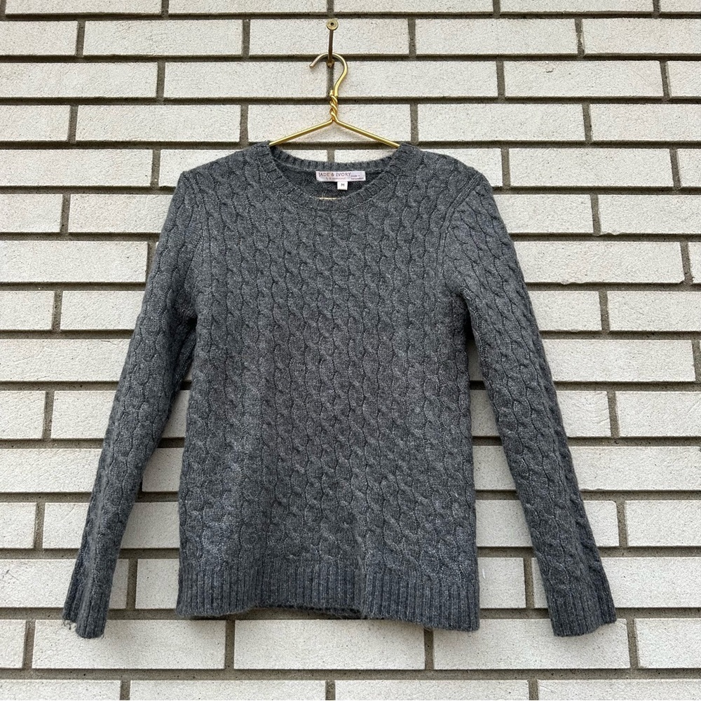 Jade & Ivory Gray Fisherman Cable Knit‎ Crewneck Sweater Medium Preppy Classic
